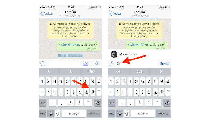 Recurso para marcar contatos em uma conversa de um grupo do WhatsApp para iPhone (Foto: Reprodução/Marvin Costa)