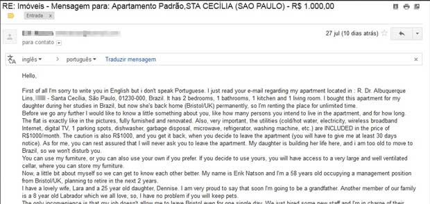 Trecho do e-mail enviado por golpista (Foto: Reprodução/Divulgação)