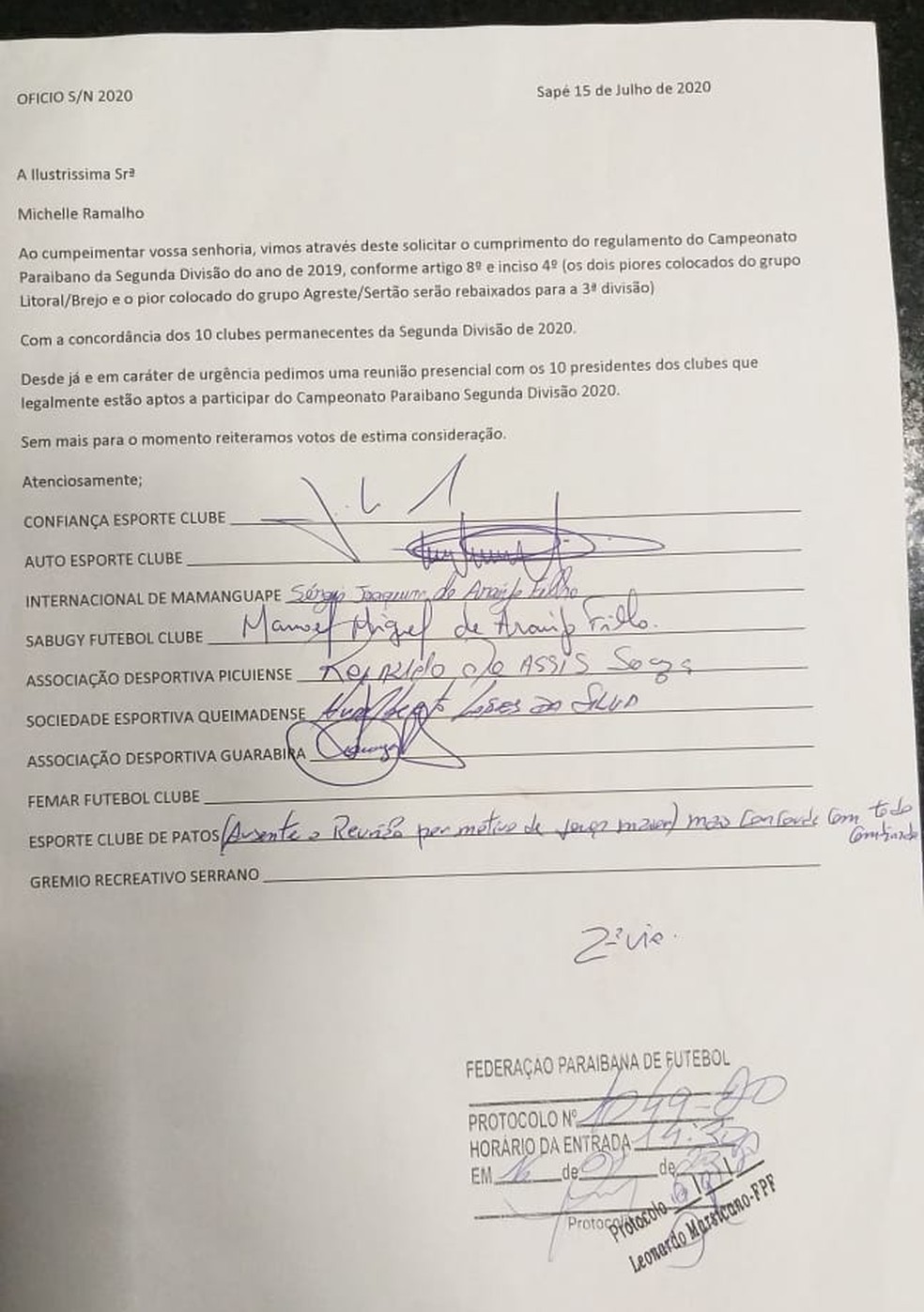 Ofício enviado pelos clubes à Federação Paraibana de Futebol — Foto: Divulgação