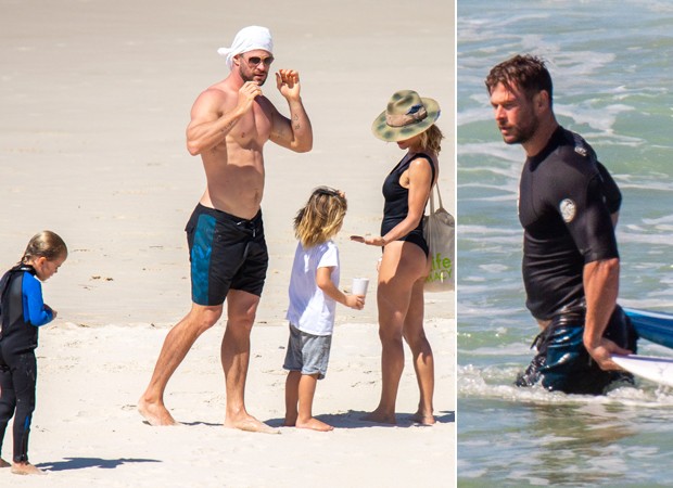 Chris Hemsworth e Elsa Pataky aproveitam praia com os filhos em Byron Bay (Foto: The Grosby Group)