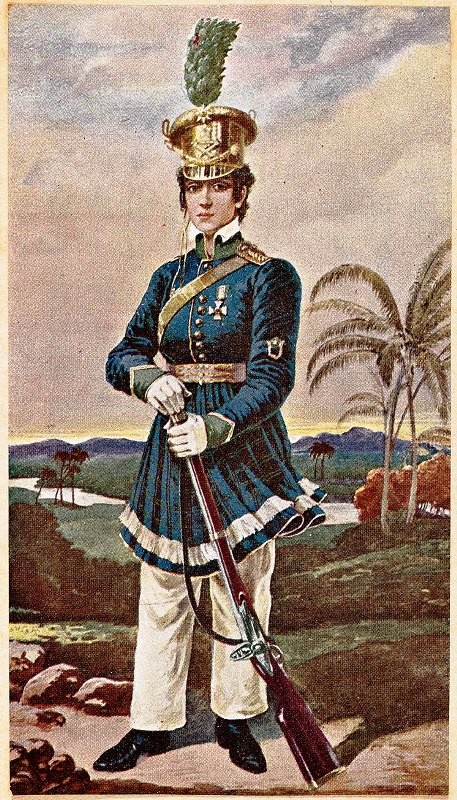Maria Quitéria integrou o Batalhão de Voluntários do Príncipe, conhecido como Batalhão dos Periquitos, de setembro de 1822 a julho de 1823. (Foto: Óleo de Domenico Failutti)