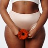 Foto: (Foto mostra abdome e pernas de mulher negra, com roupas íntimas, segurando uma flor na frente da vulva. / Pexels)