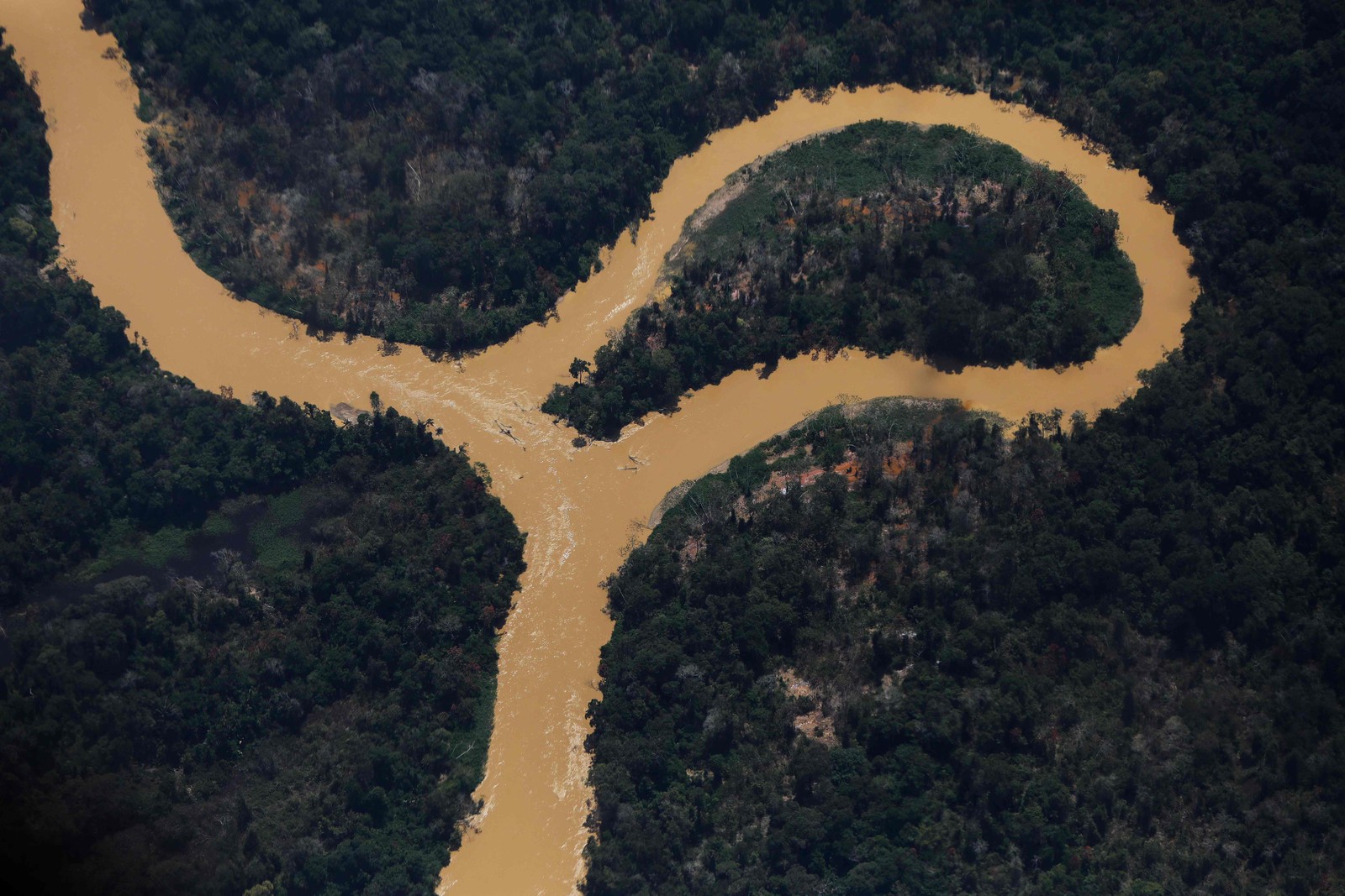 Vista aérea do rio Mucajai no território indígena Yanomami, no estado de Roraima, Brasil — Foto: MICHAEL DANTAS/AFP