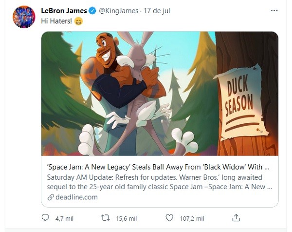 O tuíte de LeBron James respondendo aos críticos de Space Jam: Um Novo Legado (2021) (Foto: Reprodução)