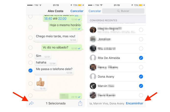 Tela de seleção de contatos para o encaminhamento de mensagens no WhatsApp para iPhone (Foto: Reprodução/Marvin Costa)