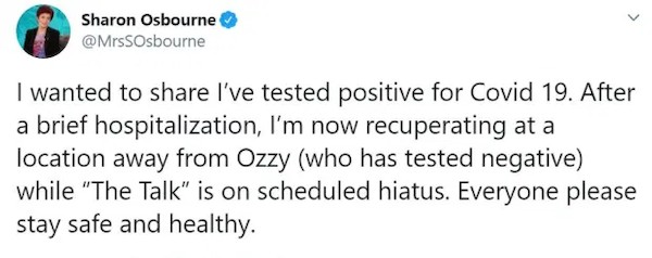 O tuíte de Sharon Osbourne revelando seu teste positivo para COVID-19 (Foto: Twitter)