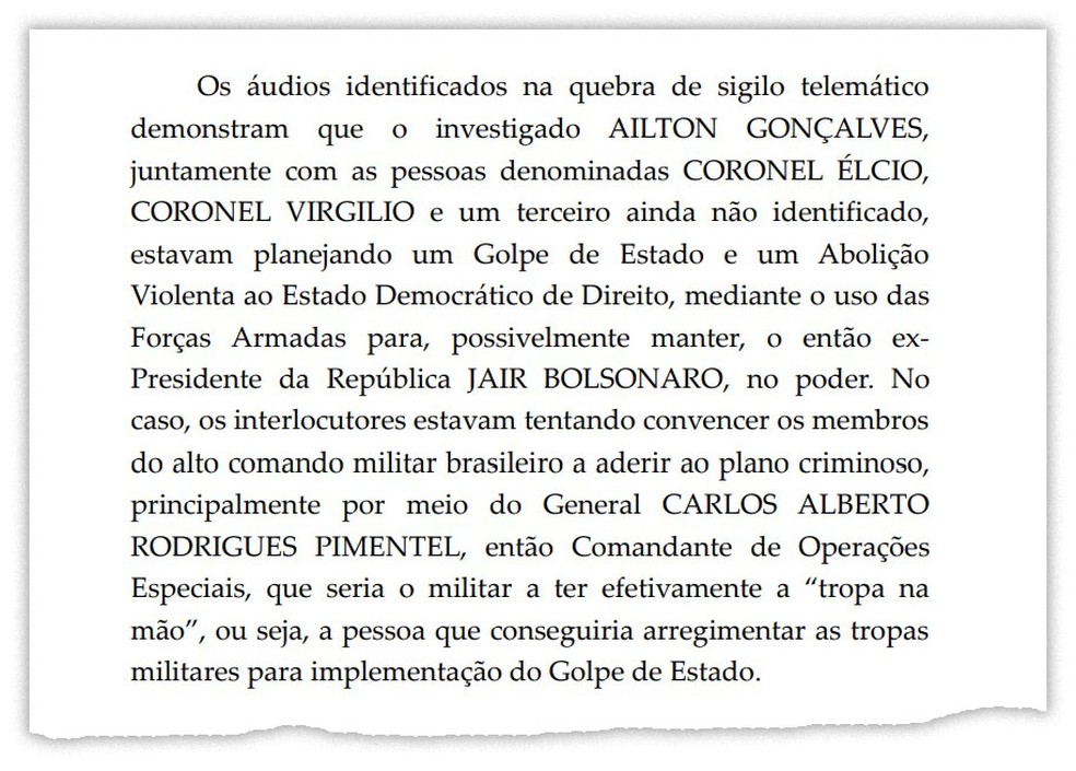 Caso Bolsonaro: trecho do documento sobre áudios que demonstram tentativa de aliados do ex-presidente de planejar um golpe de Estado  — Foto: Editoria de Arte