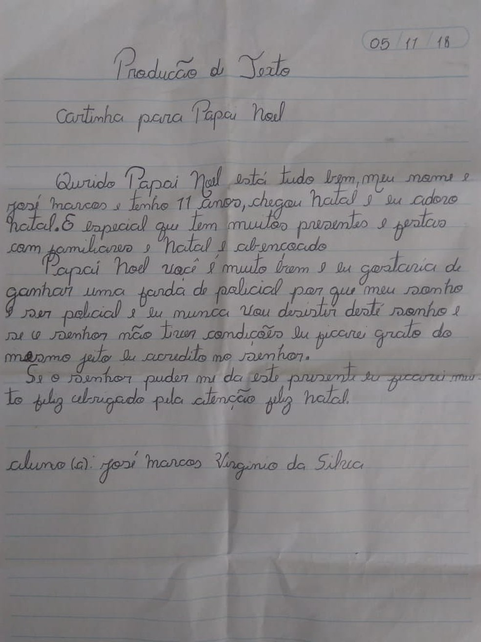 Carta que José Marcos escreveu para o Papai Noel em atividade escolar — Foto: Ascom/PM AL