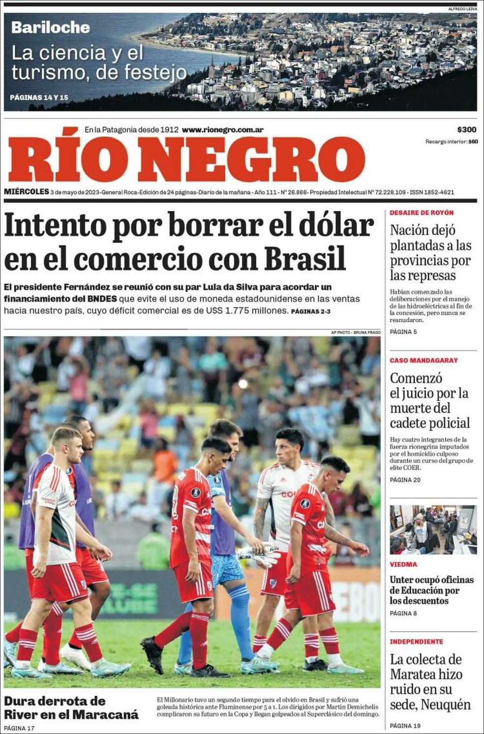 Capa do jornal "Río Negro" após Fluminense x River Plate — Foto: Reprodução