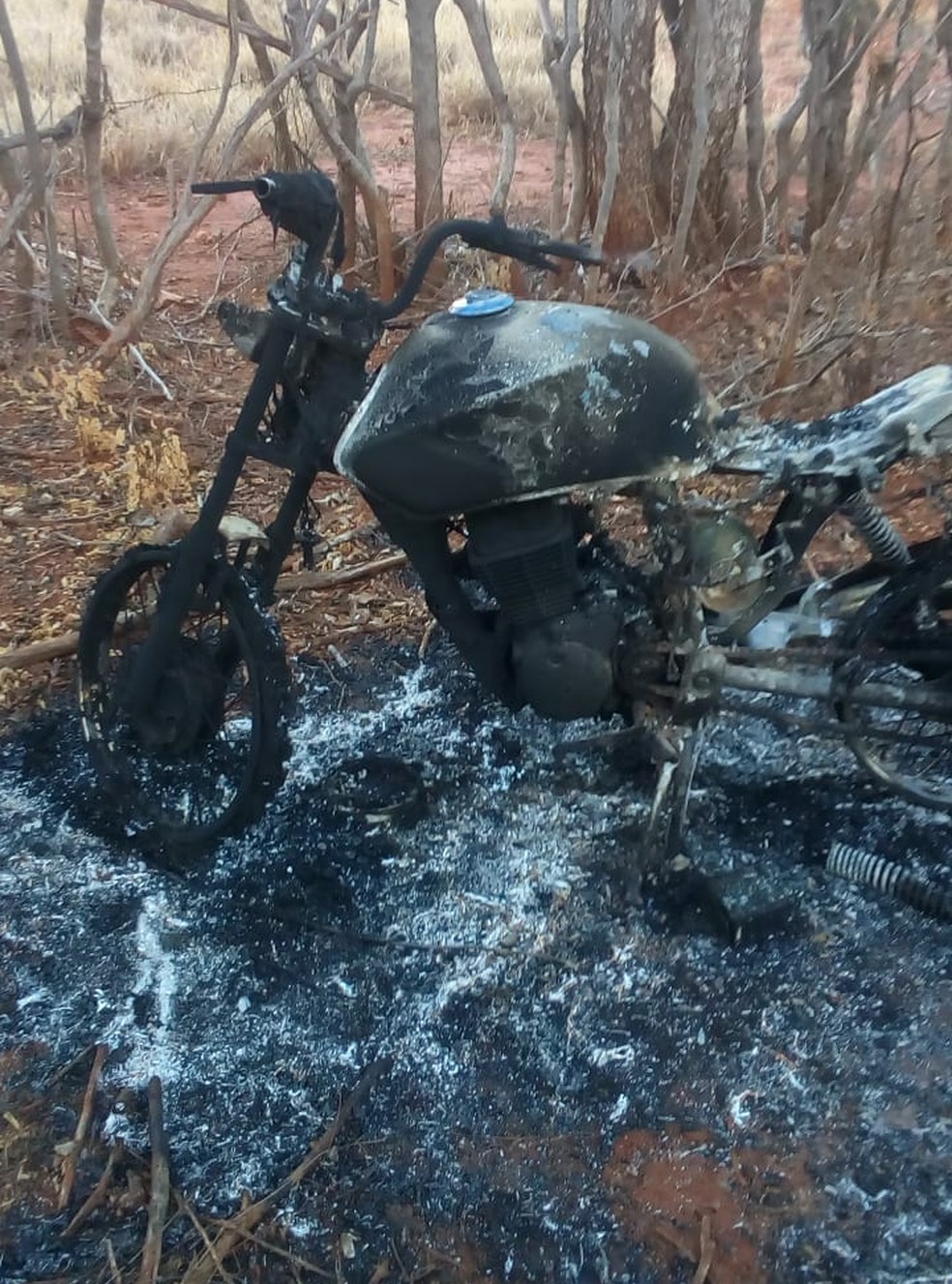 Motocicleta roubada em Espinosa foi encontrada carbonizada (Foto: Polícia Militar/Divulgação)