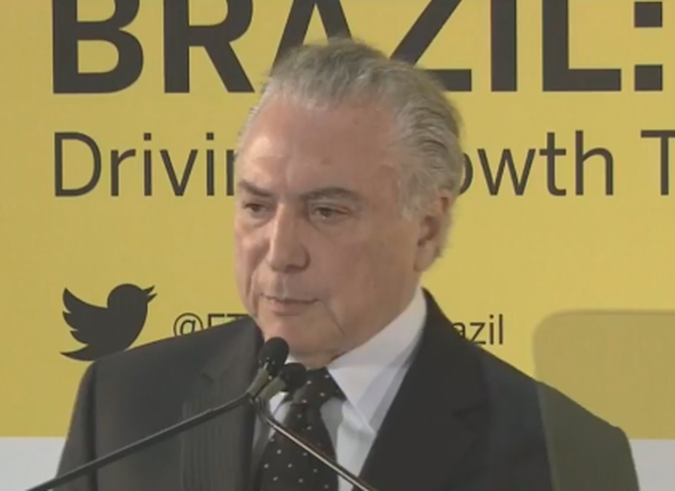 Presidente Michel Temer discursa durante seminário sobre oportunidades de investimentos no Brasil em NY (Foto: Reprodução/Facebook)