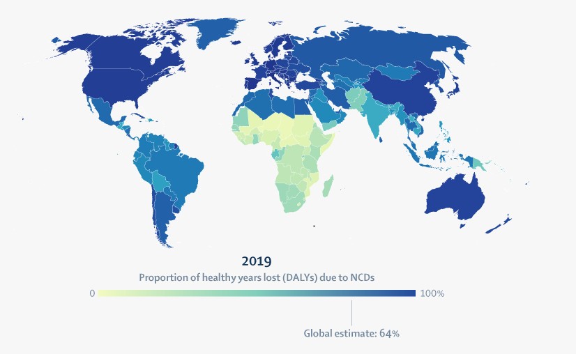 Taxa anos saudáveis perdidos (DALYs) por DNTs em 2019. Média global estimada de 64 (Foto: Global Burden of Disease 2019/The Lancet)