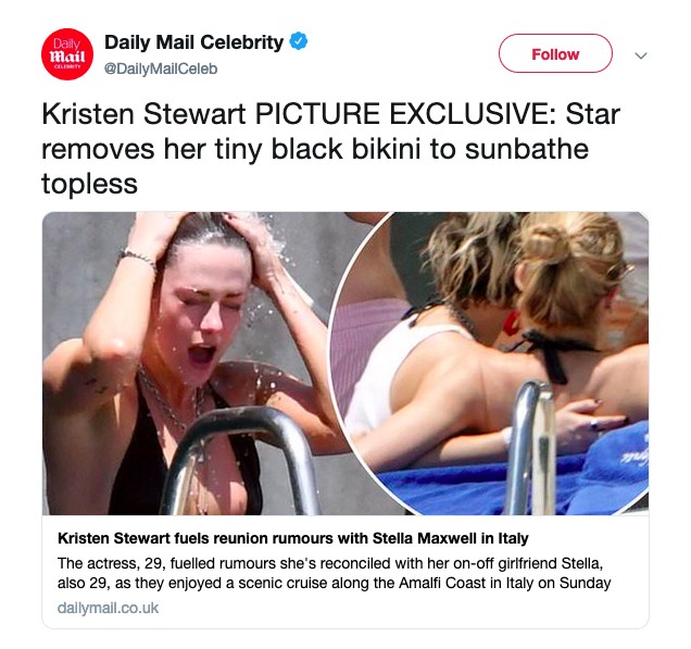 O tuíte do jornal britânico Daily Mail mostrando o passeio romântico de Kristen Stewart e Stella Maxwell em um barco no sul da Itália (Foto: Twitter)