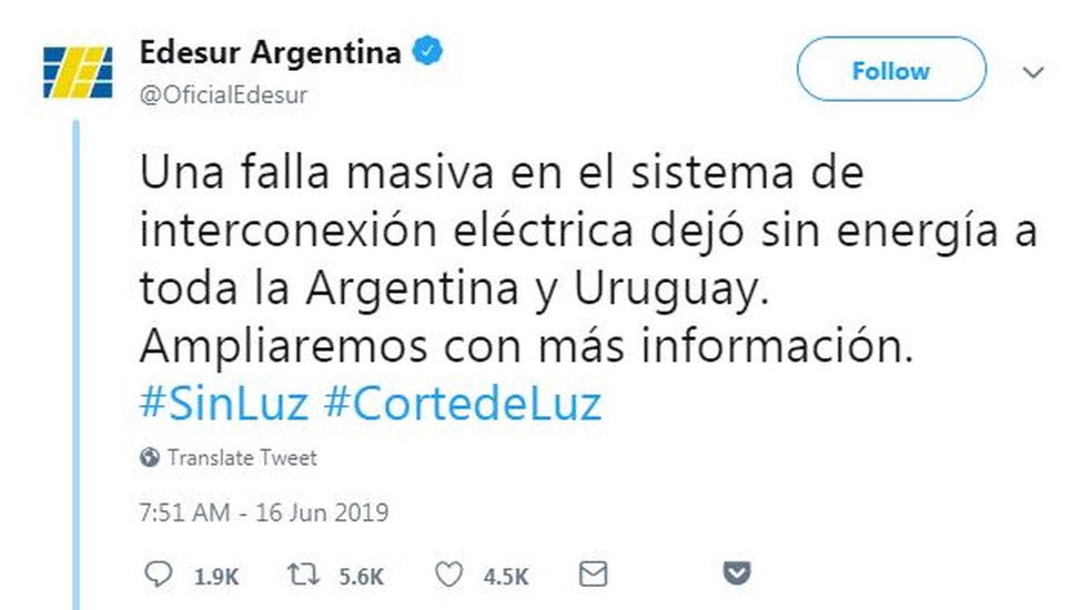 Apagão deixa milhões sem energia na Argentina e no Uruguai — Foto: Reprodução/Twitter
