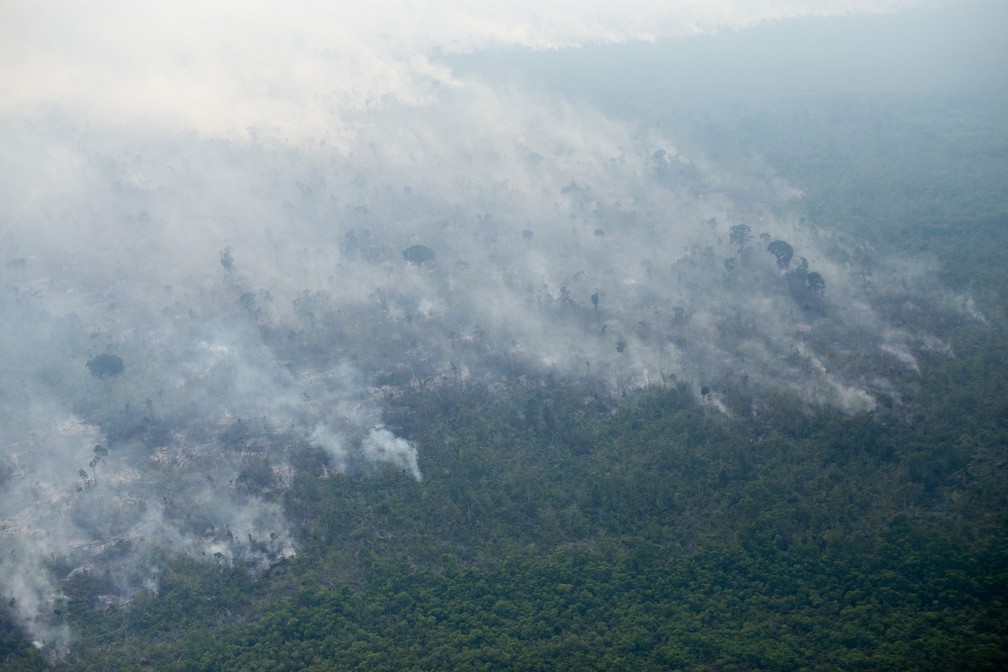 Imagem de 30 de agosto de sobrevoo na região da Amacro (Amazonas, Acre e Rondônia), em uma área com cerca de 8.000 hectares de desmatamento - a maior em 2022 - que está queimando há dias. Localização exata ainda vai ser georreferenciada pelo Greenpeace. — Foto: © Nilmar Lage / Greenpeace / Divulgação
