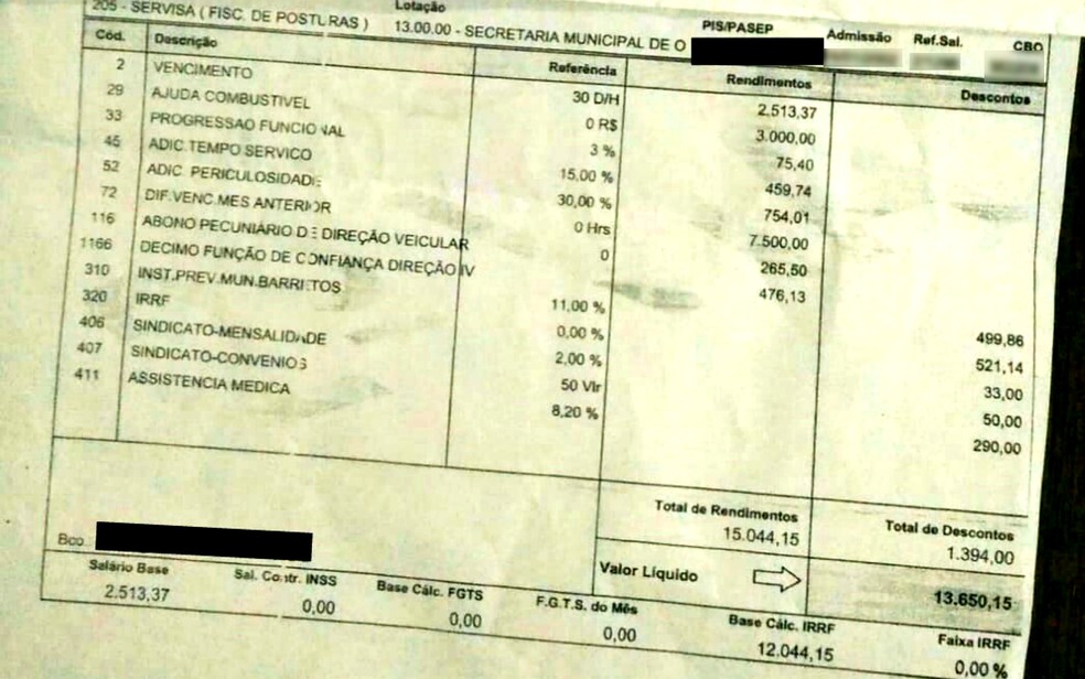Holerite supostamente fraudado foi enviado a vereador de Barretos (SP) em novembro de 2018 — Foto: Divulgação