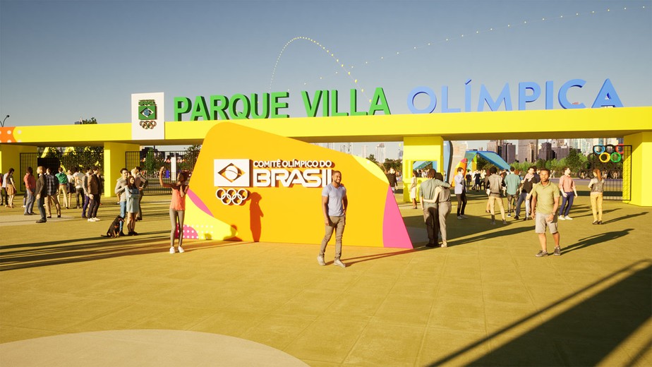 As cores da bandeira do Brasil estão no acesso à Villa Olímpica, projeto do Studio Panda para o público acompanhar a Olimpíada de Paris 2024 no Parque Villa-Lobos
