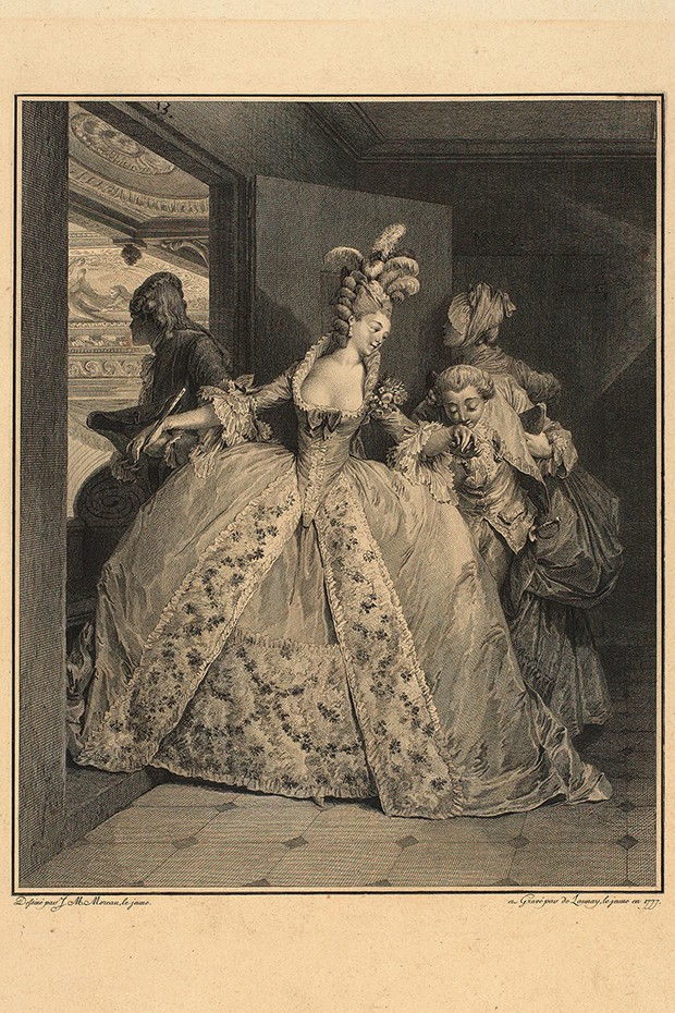 Aristocratic couple at the Opéra in Paris, 1777. The young woman wears court dress in the Queens Palace    and must pass through the door of the lodge sideways because her dress has very wide paniers. Her high hairdo is decorated with feathers. From a series in which the life of a young lady du bon ton and the French fashion of her time is depicted. (Foto: Rijksmuseum)