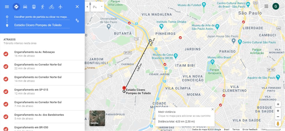 É possível medir a distância entre várias localidades pelo Google Maps — Foto: Reprodução/Guilherme Ramos