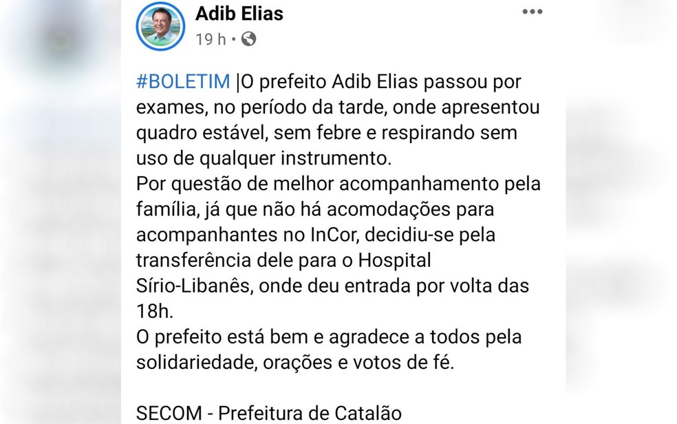 Adib Elias tem quadro estável na luta contra a Covid-19 Goiás Catalão — Foto: Reprodução/Facebook