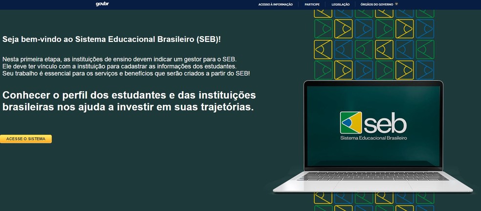 Site do novo Sistema Educacional Brasileiro (SEB), criado a partir de medida provisória pelo governo federal em setembro — Foto: Reprodução/MEC