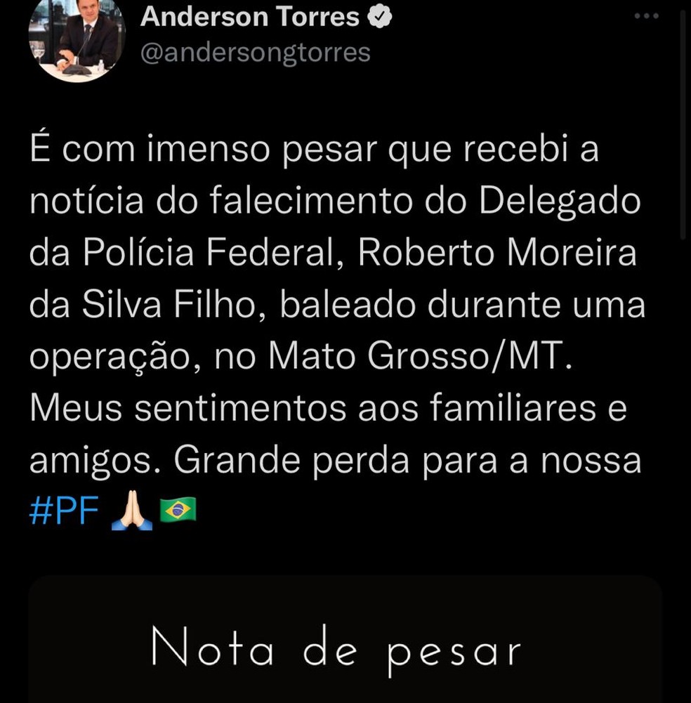 Ministro da Justiça e Segurança Pública lamenta a morte do delegado — Foto: Reprodução. 