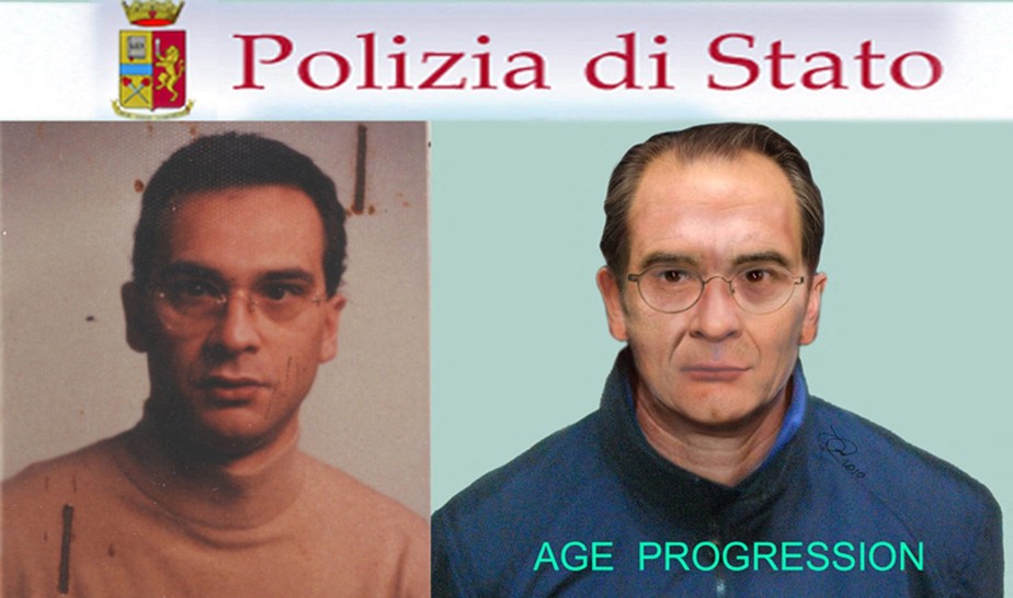 Reconstrução feita pela polícia italiana do rosto do mafioso mais procurado do país, Matteo Messina Denaro, preso em 16 de janeiro de 2023 após 30 anos fugitivo