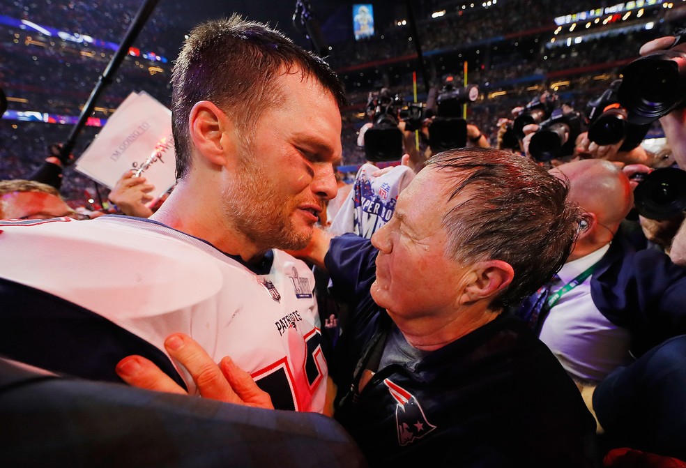 Super Bowl LIII - New England Patriots x Los Angeles Rams - Tom Brady e Bill Belichick — Foto: Kevin C. Cox/Getty Images