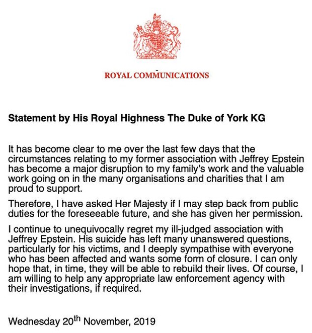 O comunicado do príncipe Andrew (Foto: Reprodução)