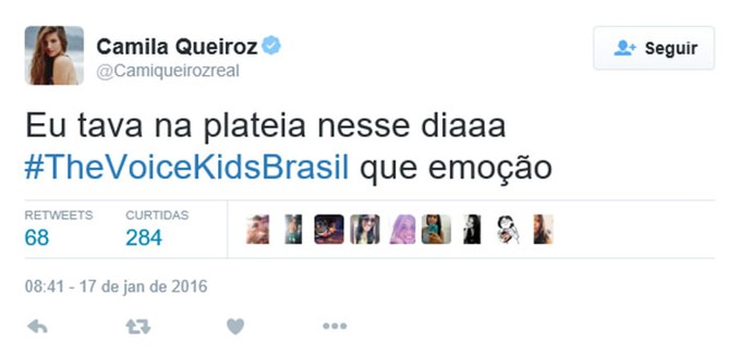 Camila Queiroz comenta terceira tarde de Audições do The Voice Kids em rede social (Foto: Reprodução)