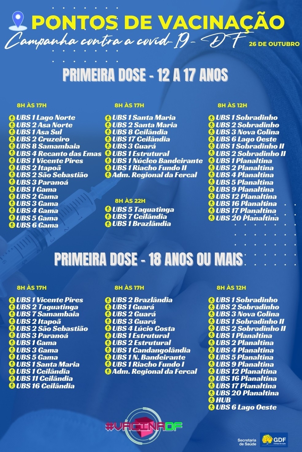Postos de imunização contra a Covid-19 para primeira dose em 26 de outubro  — Foto: SES-DF/Reprodução