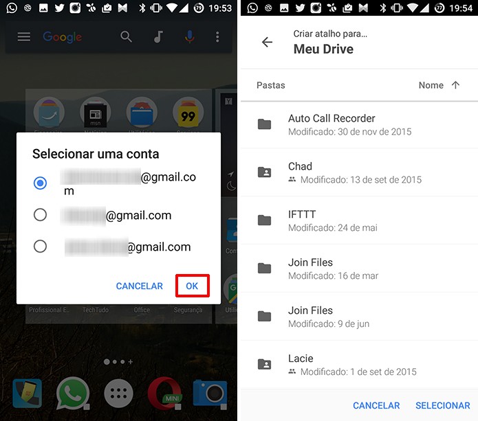 Google Drive para Android perguntará a conta para qual o atalho será criado na tela inicial (Foto: Reprodução/Elson de Souza)