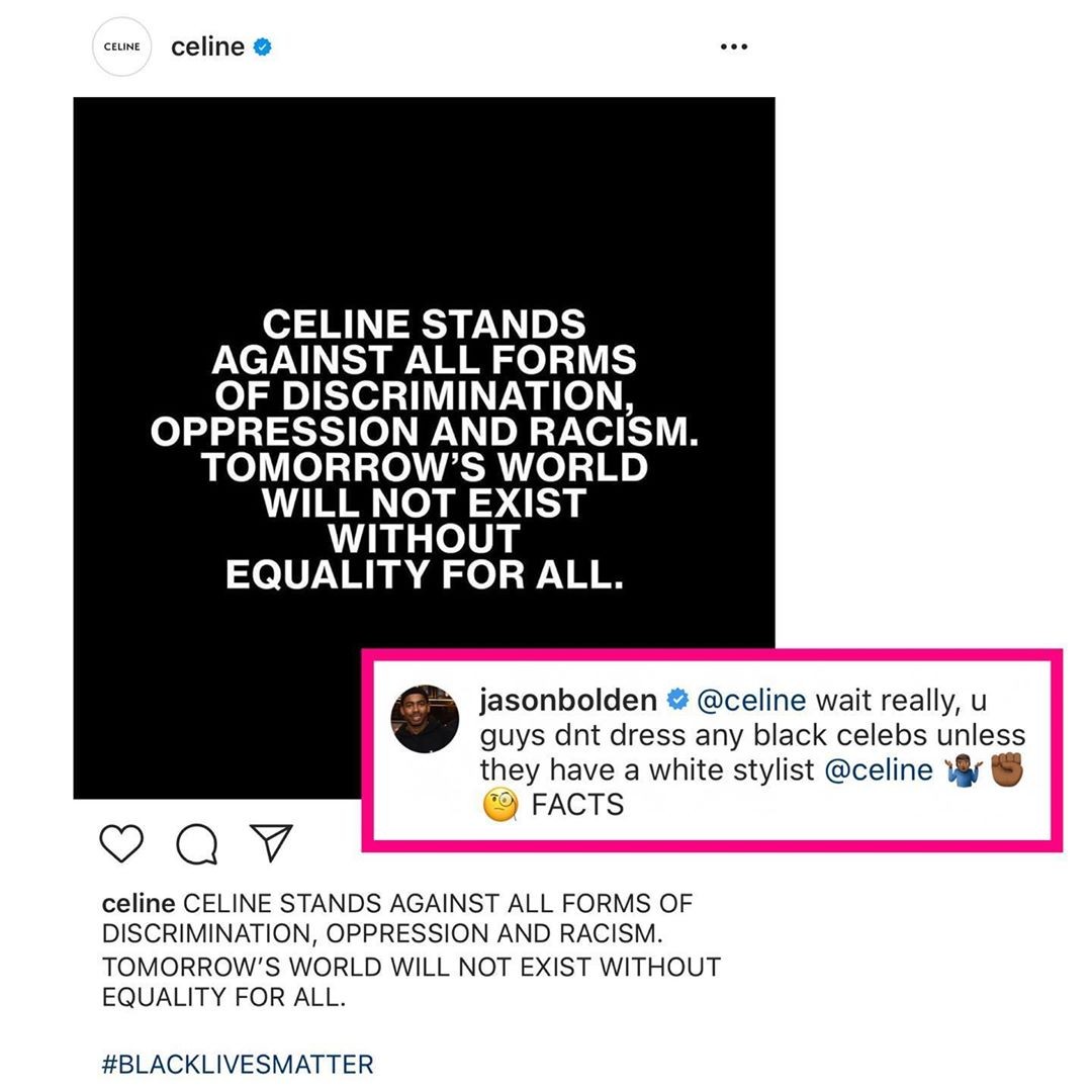 Postagem do Diet Prada mostrando a publicação da Celina com o comentário de Jason Bolden (Foto: Reprodução/Instagram)