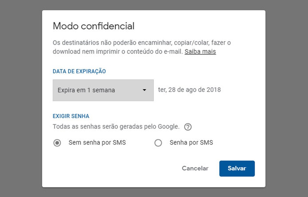 Link para visualização de e-mails confidenciais só funciona durante um tempo limitado. A leitura também pode ficar condicionada ao recebimento de uma senha por SMS. Dessa forma, quem não tiver acesso ao telefone não poderá ler o e-mail, mesmo que tenha acesso à conta de e-mail (Foto: Reprodução)