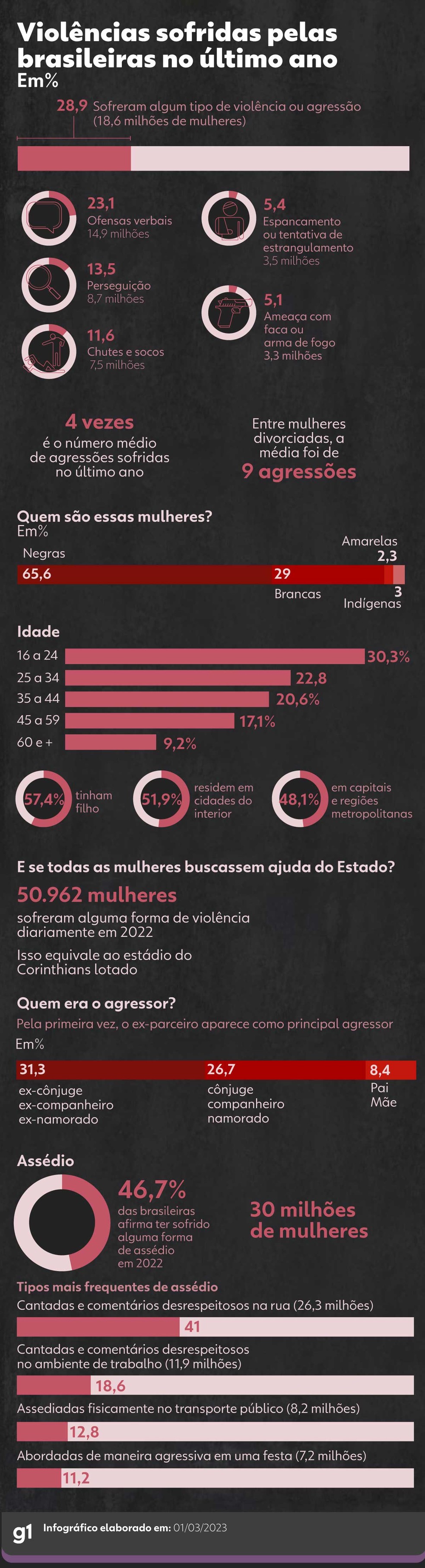 Violência contra a mulher nos últimos anos, segundo Datafolha e Fórum Brasileiro de Segurança Pública — Foto: Arte/g1