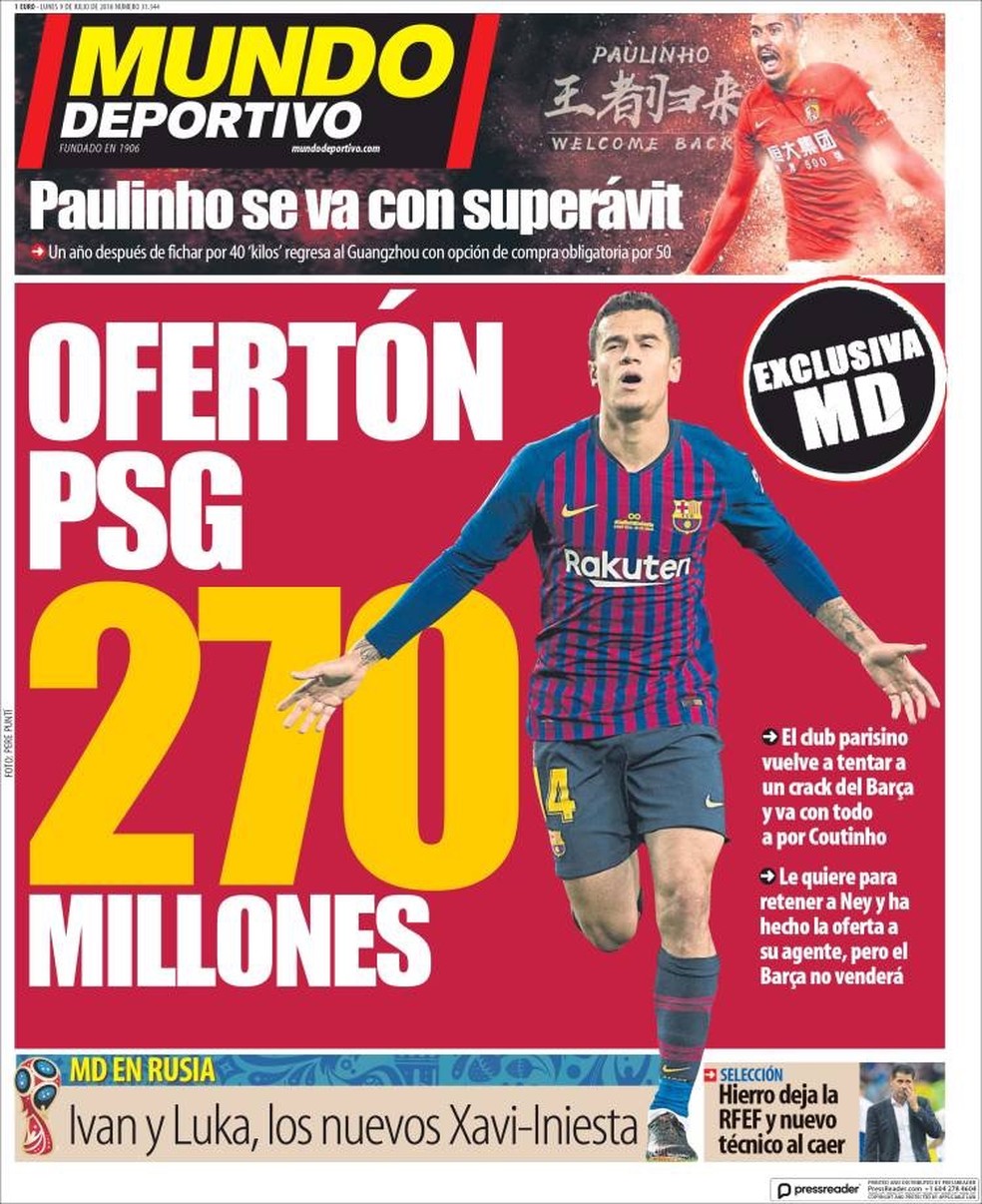 Jornal destaca interesse do PSG em Coutinho (Foto: ReproduÃ§Ã£o)