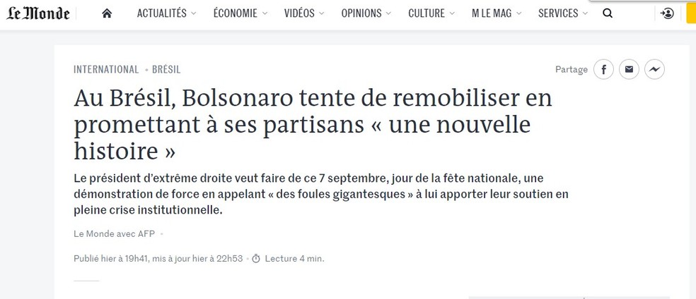 "Le Monde" noticiou que Bolsonaro prometeu a seus apoiadores uma "nova história" — Foto: Reprodução/Le Monde