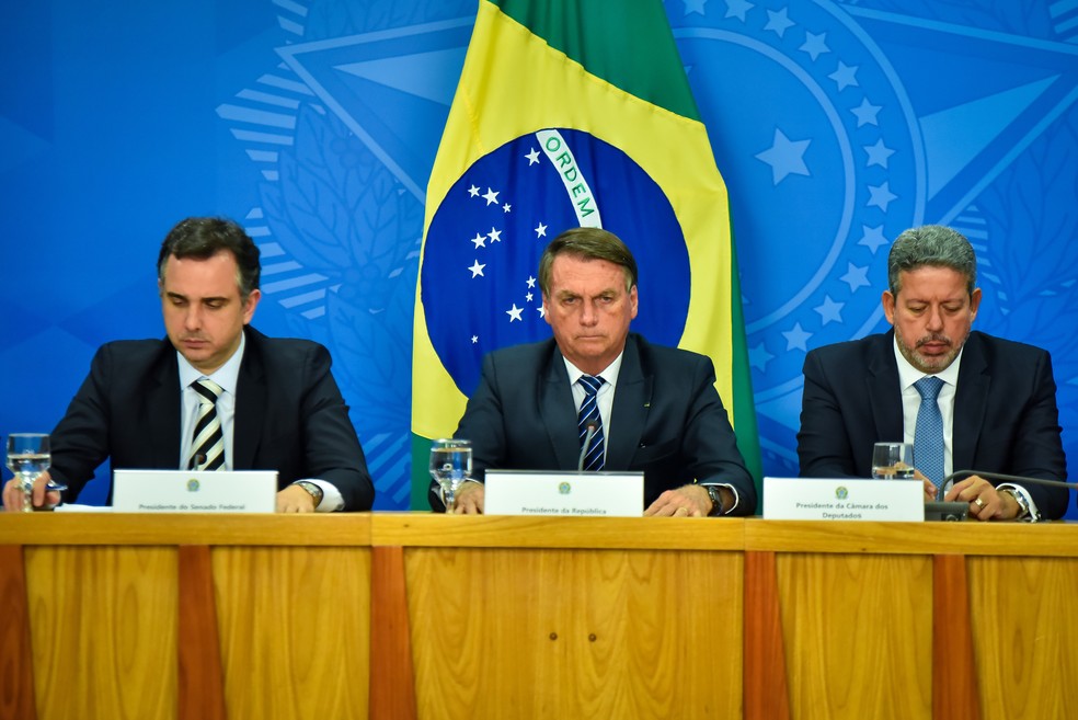 Presidente Jair Bolsonaro, Rodrigo Pacheco e Arthur Lira.  &mdash; Foto: Antonio Molina/Fotoarena/Estad&atilde;o Conte&uacute;do