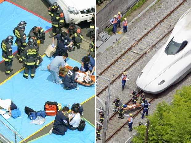 Um homem ateou fogo ao próprio corpo e morreu dentro de um trem-bala no Japão, nesta terça-feira. A fumaça provocada pelo suicídio tomou conta de um vagão e causou parada cardíaca em outras duas pessoas que estavam na composição. (Foto: Kyodo News / via AP Photo)