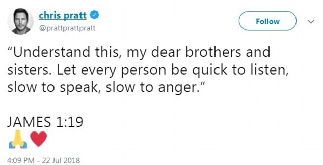 O tuíte do ator Chris Pratt em defesa do diretor James Gunn (Foto: Twitter)
