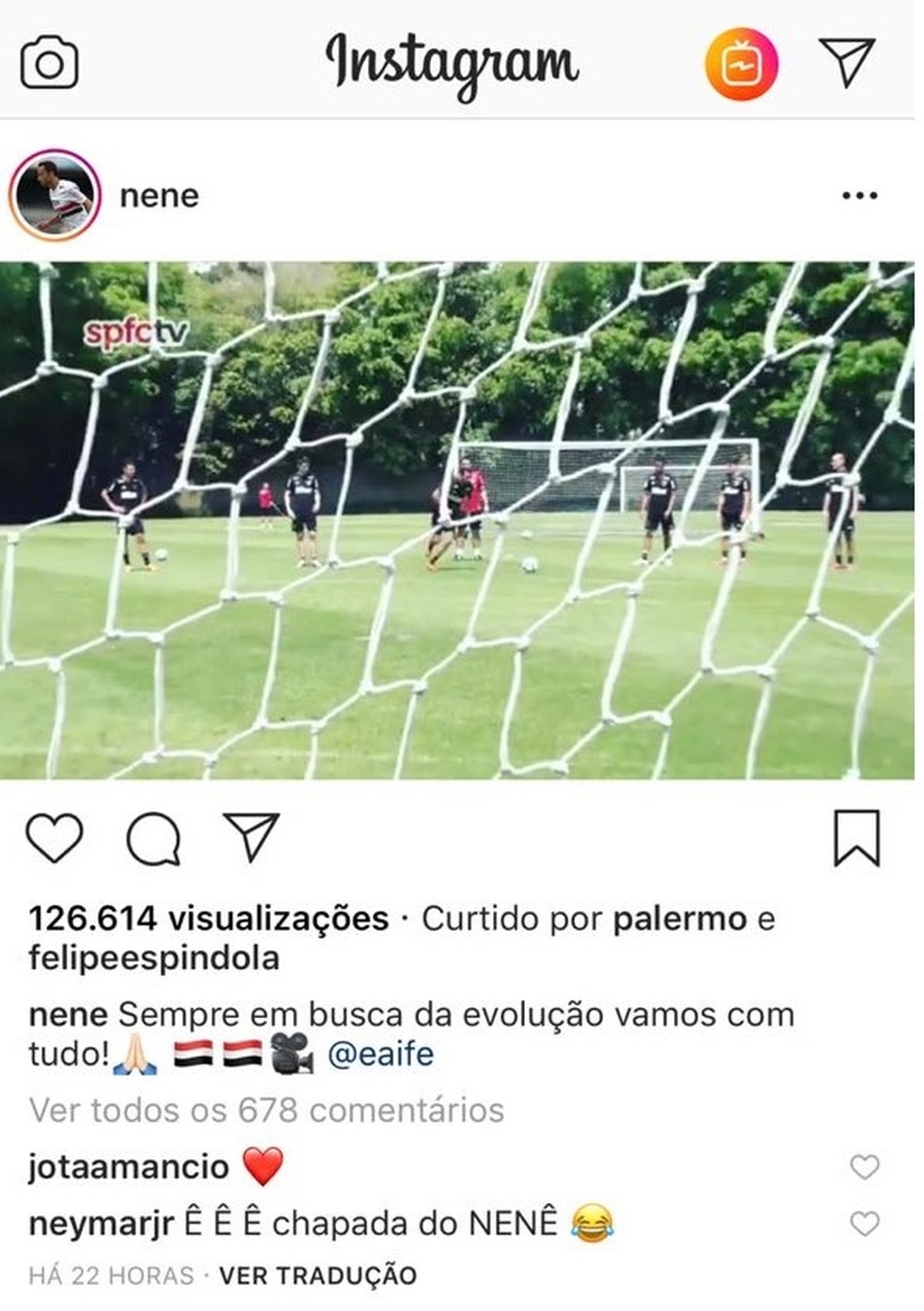 Neymar comenta publicação de Nenê, do São Paulo — Foto: Reprodução