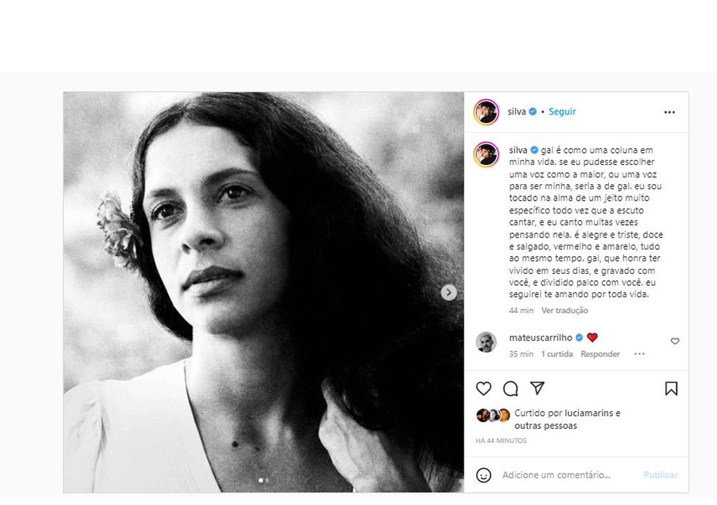 Silva falou sobre a morte de Gal Costa — Foto: Reprodução/Redes sociais