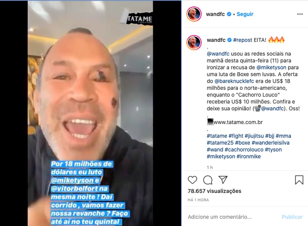 Wanderlei Silva desafia Mike Tyson nas redes sociais — Foto: Reprodução/Instagram