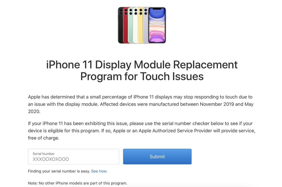 Página permite consultar se iPhone 11 tem direito a conserto gratuito — Foto: Reprodução/TechTudo