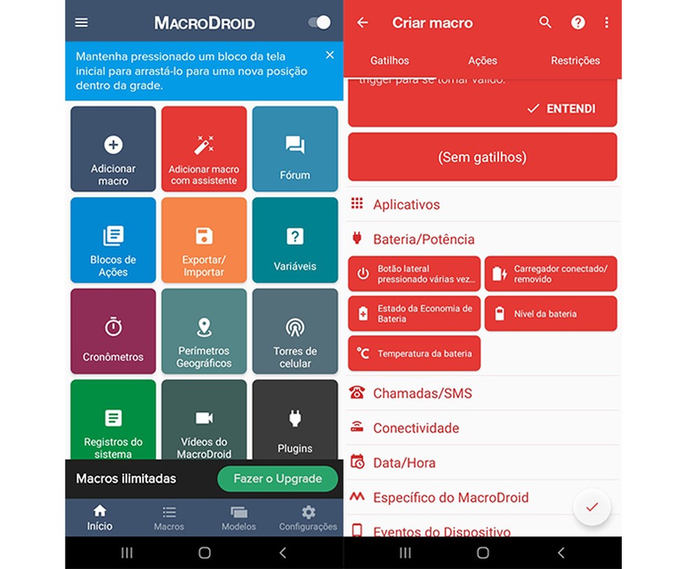 É possível automatizar comandos do seu celular com o app MacroDroid — Foto: Reprodução/Marcela Franco