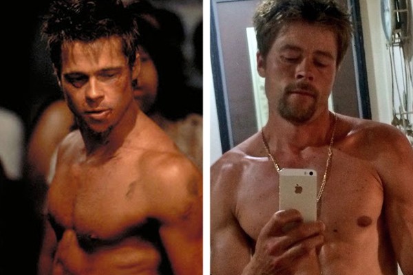 Brad Pitt no filme Clube da Luta (à esq.); o sósia do ator americano, Nathan Meads (à dir.) (Foto: Reprodução; reprodução / Instagram)