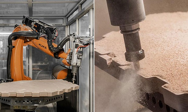 Os robôs trabalhando nas placas de madeira (Foto: Divulgação/University Stuttgart)
