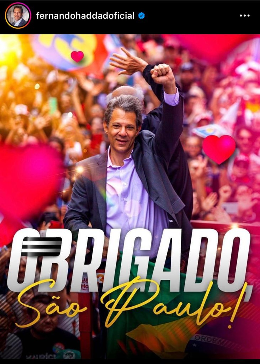 Postagem de Fernando Haddad após a definição da eleição para governador em SP, que deu vitória a Tarcísio de Freitas  — Foto: Reprodução/redes sociais