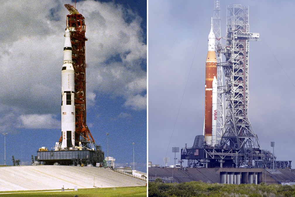 À esquerda na montagem está o foguete Saturno V, com a espaçonave Apollo 12 a bordo, na plataforma de lançamento do Centro Espacial Kennedy, em 1969. À direita está o novo foguete lunar da Nasa para o programa Artemis, com a espaçonave Orion no topo, no Centro Espacial Kennedy em Cabo Canaveral, Flórida, em 18 de março de 2022. — Foto: AP