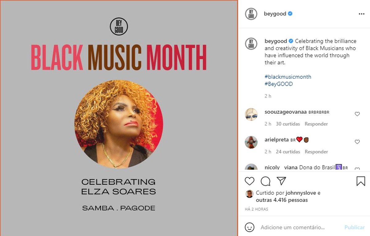 Elza Soares é destaque no BeyGOOD, instituição de Beyoncé, pelo Mês da Música Negra (Foto: Reprodução/Instagram)